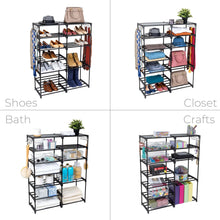 Black multi-use storage rack with wire shelves for shoes, closet items, and crafts.