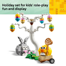 LEGO Easter egg tree with colorful egg parts, bunny and chick figures, and wagon