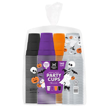 Member's Mark Halloween party cups in black, purple, orange and clear, packaged in a 140-count set.