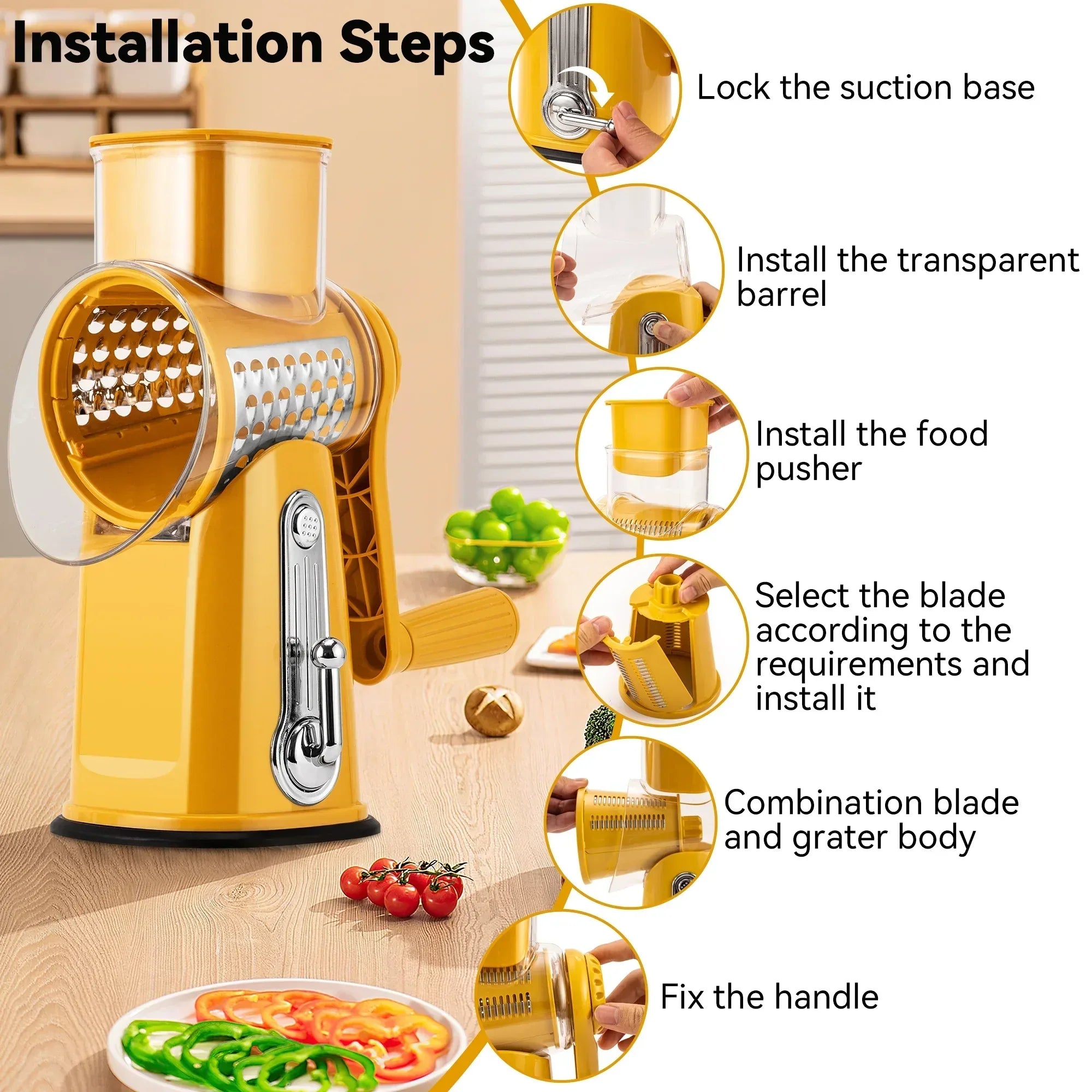 Pukomc Rotary Cheese Grater with Handle- 5 Blades, Suction Base, Mandoline Slicer & Veg Shredder with Blade Storage Box - USA MEGA SHOP