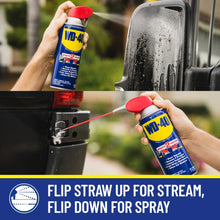 WD-40 lubricant spray can with red flip straw, held near a machine part