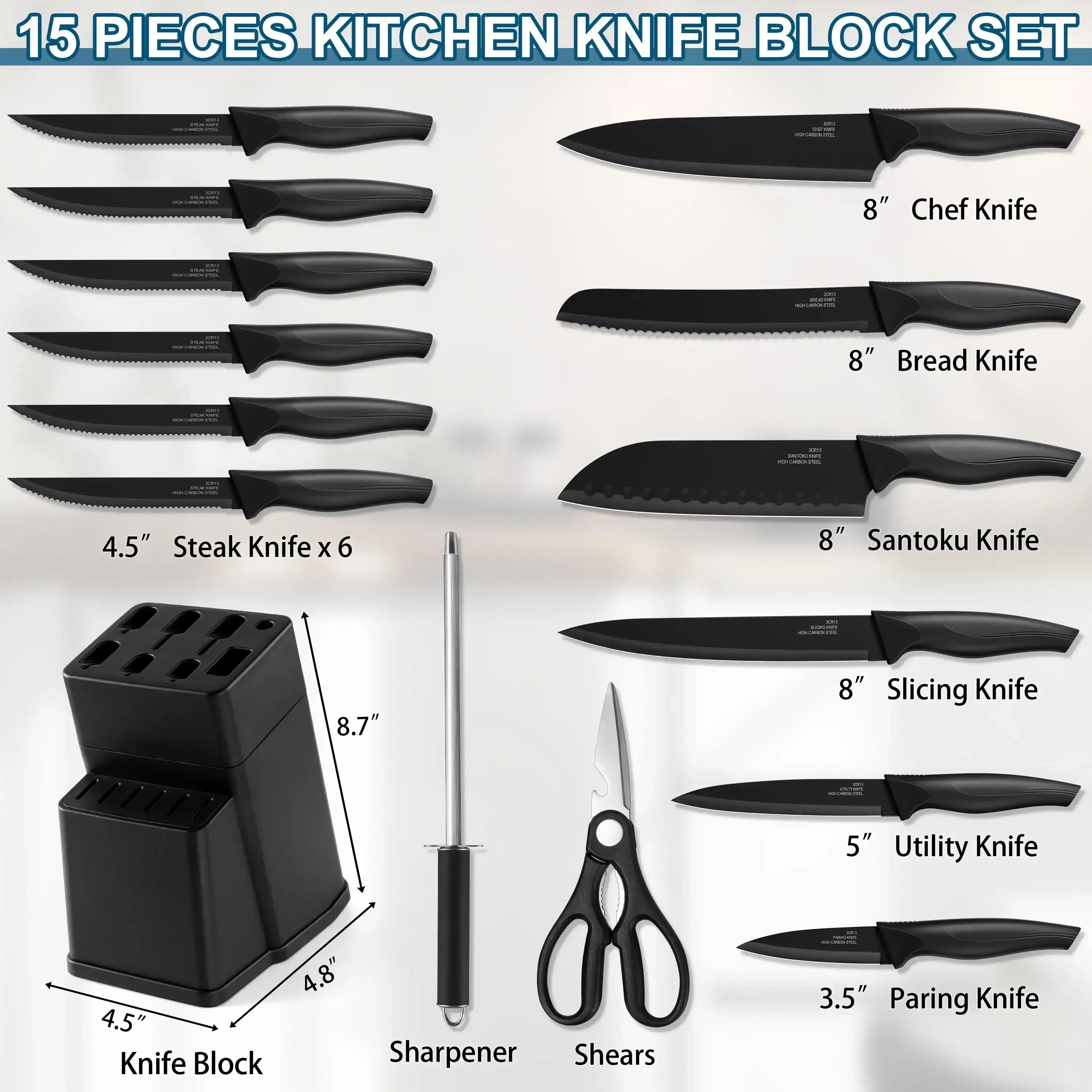 Walchoice 15 Pieces Knife Set with Block, High Carbon Stainless Steel Kitchen Knife Set with Sharpener, Rust Resistant & Dishwasher Safe - USA MEGA SHOP