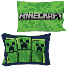 Minecraft pillowcase and comforter front with green pixel creeper blocks on navy background
