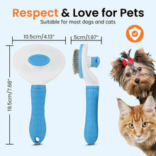 Blue pet grooming brush with oval head and curved grip, for dogs and cats