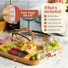 Rectangular bamboo serving board with clear secure lid and carry handles, snap locking clasps