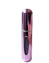 Mini perfume atomizer bottle, iridescent purple with spray nozzle cap and refill window