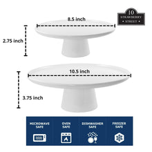 White 2-tier cake stand: 10.5 in wide, 8.5 in top, 3.75 in high