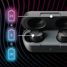 Black true wireless earbuds in charging case with LED indicator lights