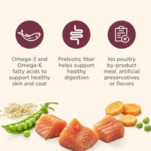 Dry dog food feature panel: Omega-3/6 for skin and coat, prebiotic fiber, no poultry by-product