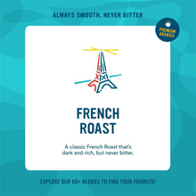 French roast ground coffee pack front, dark and rich