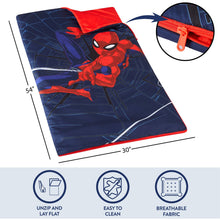 Kids slumber bag with zip closure and Spider-themed graphic, red trim on navy fabric