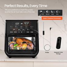 Black air fryer oven with food inside and temperature probe with magnetic storage