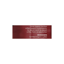 USDA Organic Certified coffee label strip with ingredients text on red background