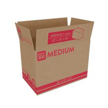 Medium moving box, kraft cardboard with red label and size stripe on side