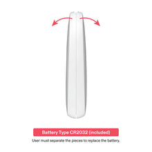 White item locator battery compartment cover shown with opening arrows