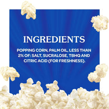 Microwave popcorn package showing blue ingredients panel with popcorn graphics