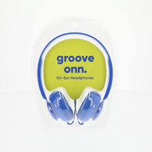 On-ear headphones retail package with blue ear cups and green inner insert