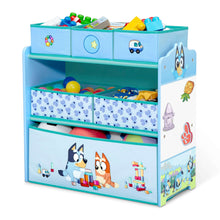 Blue children's toy storage organizer with six fabric bins and large front character scene