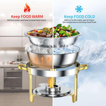 Stainless chafing dish set with glass lids, gold frame, round warmers on stand