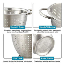 Stainless steel colander with smooth edges, wide handles, and raised stable base