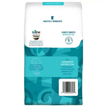 Ground coffee bag side with roasted in Minnesota, Ecopod badge, and barcode