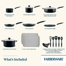 Cookware set diagram showing saucepans, frying pans, griddle, and kitchen tools