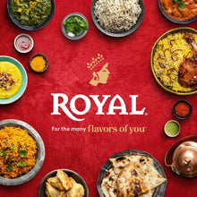 Royal branding on red scene with multiple cooked rice bowls and spices
