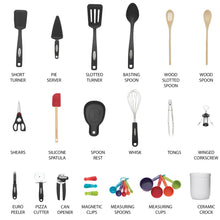Assorted cooking utensils on white background, including measuring cups and spoons