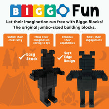 Jumbo black building block animals with block-built character shapes