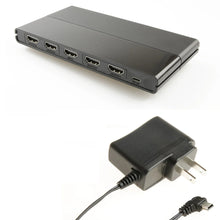 HDMI 4-way splitter with HDMI ports and attached power adapter