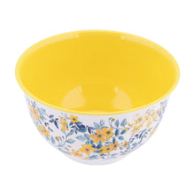 Yellow interior floral melamine mixing bowl with blue leaves and small flowers