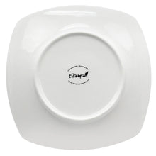 Square porcelain dinner plate with Elama logo on underside, glossy white