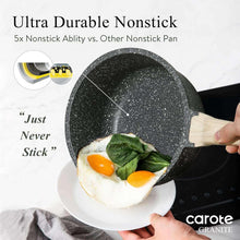 Black speckled nonstick saucepan with wooden handle, holding a cooked egg