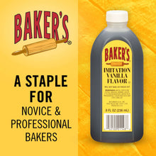 Baker's imitation vanilla flavor bottle on yellow background