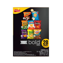 Snack chip variety pack box back showing chip assortment graphic and bold mix 28 bags