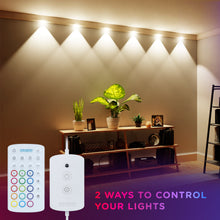 Indoor LED string wall light with controller and white downlights over wall shelf