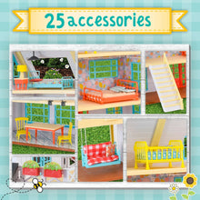 Three-story farmhouse dollhouse playset with furnished rooms and accessories