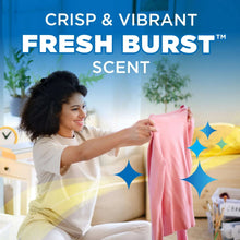 Fresh Burst scent laundry scent booster promo with a person hanging a pink towel