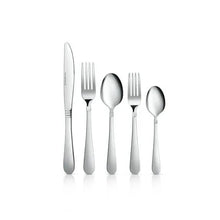 Stainless steel flatware set with knives, forks, and spoons in a row.