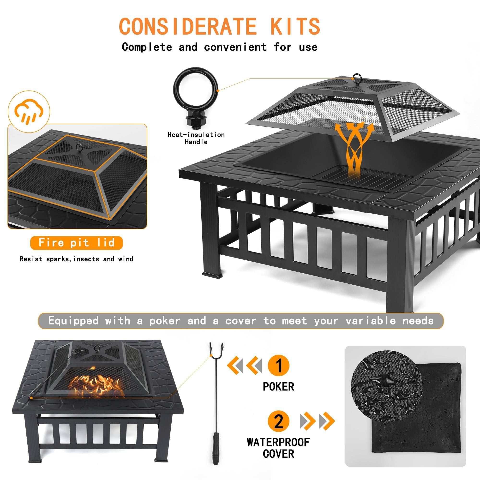 Fire Pits for Outside, 32" Wood Burning Fire Pit Tables with Screen Lid, Poker, BBQ Net, Ice Tray, Food Clip and Cover, Backyard Patio Garden Outdoor Fire Pit/Ice Pit/BBQ Fire Pit, Black - USA MEGA SHOP