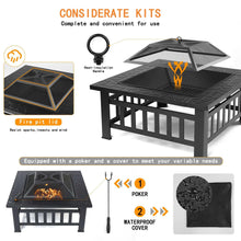 Black fire pit table with heat-insulating handle, poker, and waterproof cover