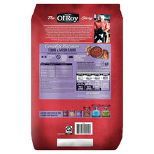 Red O'Roy dry dog food bag back with nutrition details, feeding chart and barcode