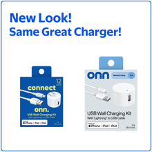White USB wall charging kit with single USB-A port and Lightning-to-USB cable, 12W.