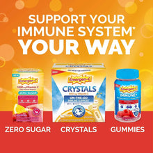 Immune system support product lineup graphic: crystals, gummies, and zero sugar