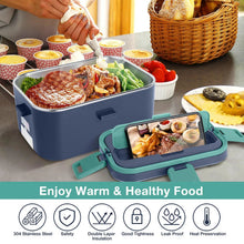 Blue electric lunch box with stainless steel tray holding hot food, open lid