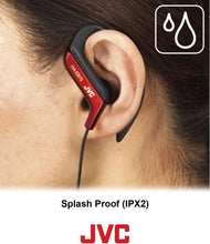 Black and red clip-style earbuds with earhook and wired cord