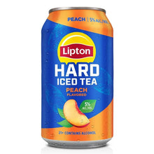 Peach flavored hard iced tea can with blue label and orange top; 5% ABV