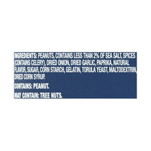 Jar ingredients panel for peanuts listing allergens and spice ingredients on blue label