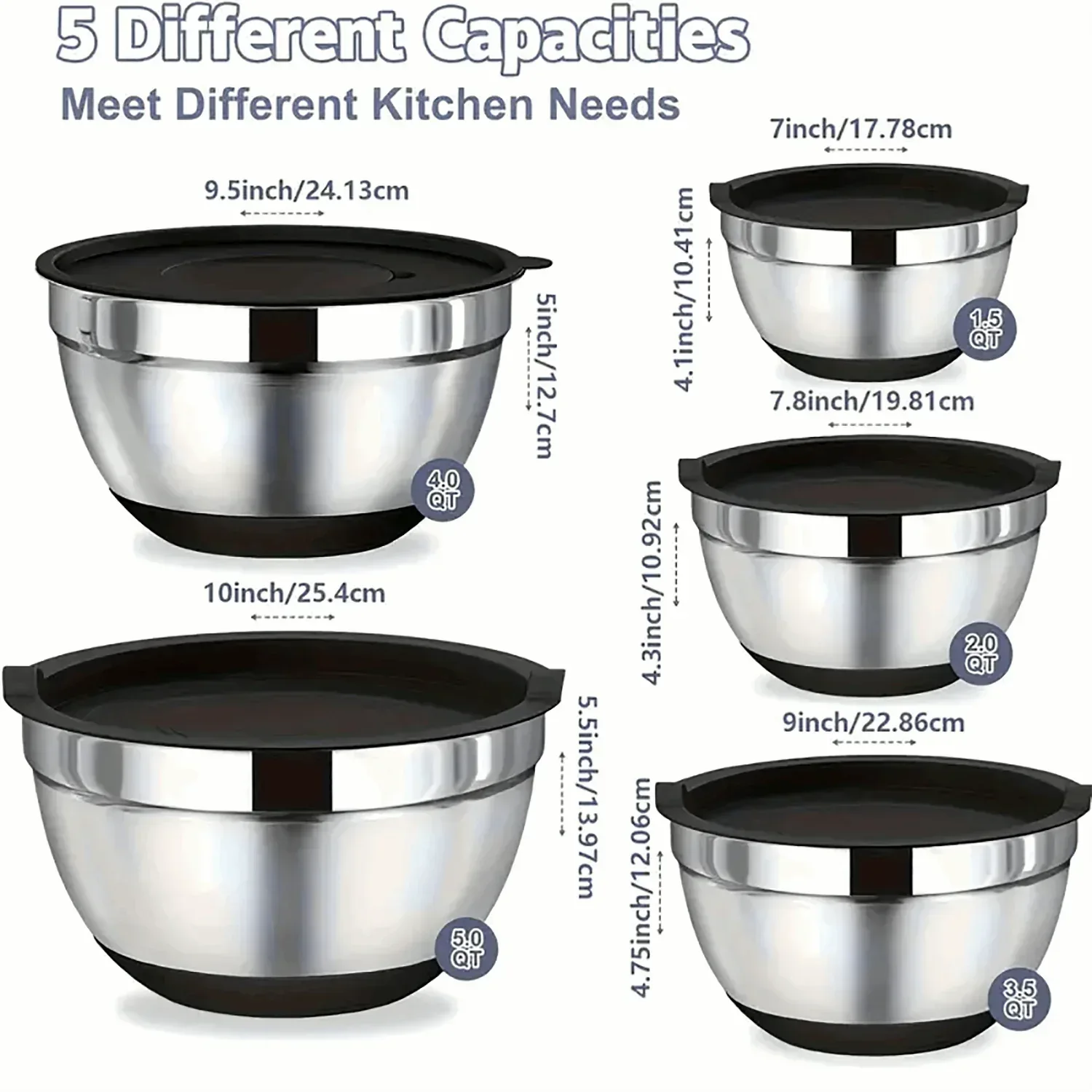 AOKIWO Mixing Bowls with Airtight Lids, 8PCS Stainless Steel Bowls Set with 3 Grater Attachments, Kitchen Bowls with Non-Slip Bottoms, Size 5, 4, 3.5, 2, 1.5 QT for Mixing & Serving, Black
