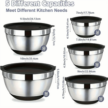 Assorted stainless steel mixing bowls with black lids in different sizes